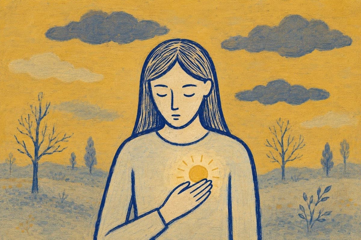 Ілюстрація до статті «Чому я не можу радіти?» — дівчина тримає руку біля світла в грудях